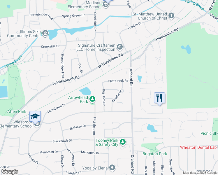 map of restaurants, bars, coffee shops, grocery stores, and more near 25W738 Chieftain Lane in Wheaton