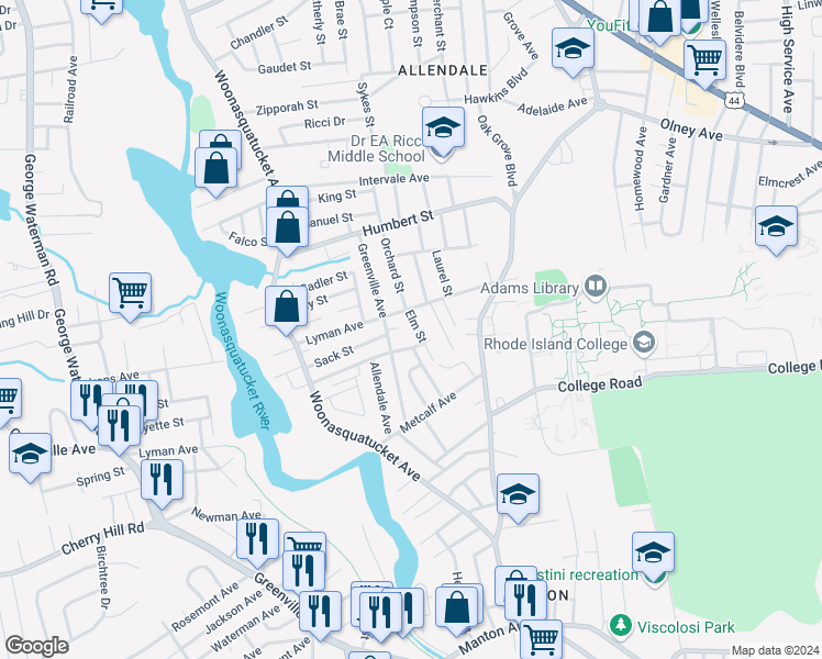 map of restaurants, bars, coffee shops, grocery stores, and more near 9 Elm Street in North Providence