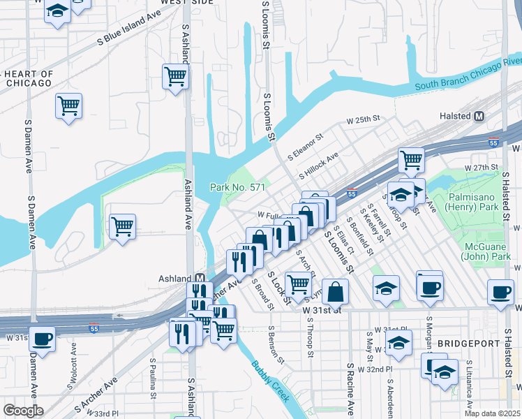 map of restaurants, bars, coffee shops, grocery stores, and more near 1408 West Fuller Street in Chicago