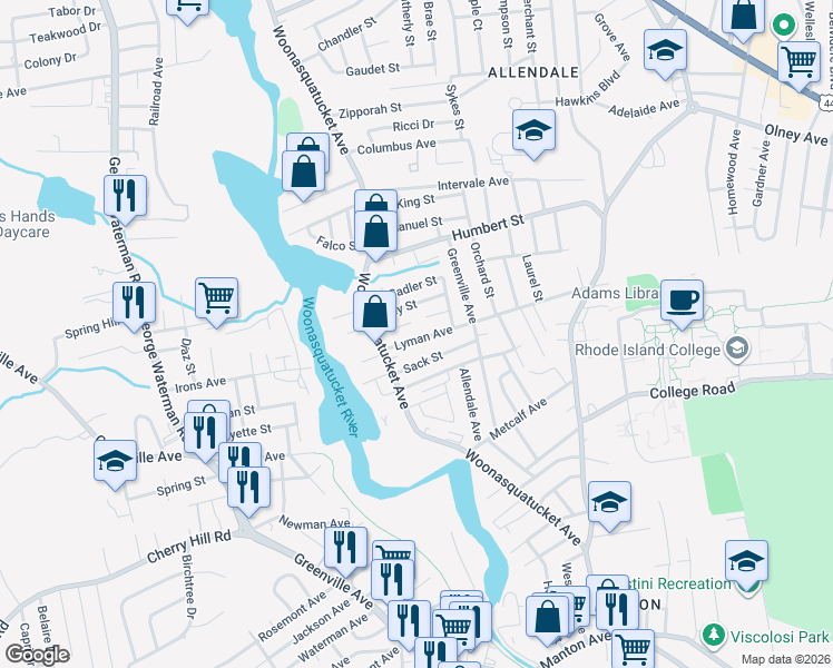 map of restaurants, bars, coffee shops, grocery stores, and more near 18 Lyman Ave in North Providence