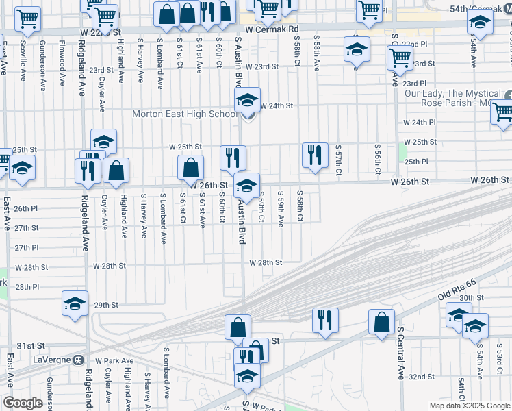 map of restaurants, bars, coffee shops, grocery stores, and more near 2620 S 59th Ct in Cicero