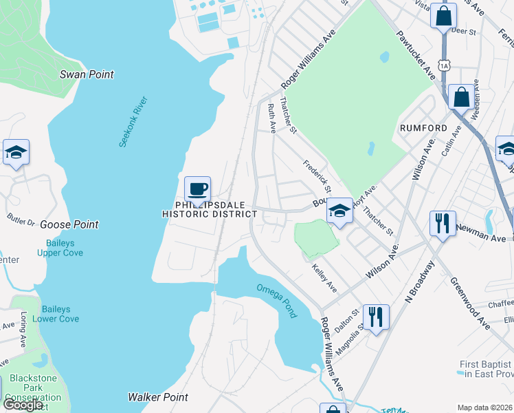 map of restaurants, bars, coffee shops, grocery stores, and more near 209 Bourne Avenue in East Providence