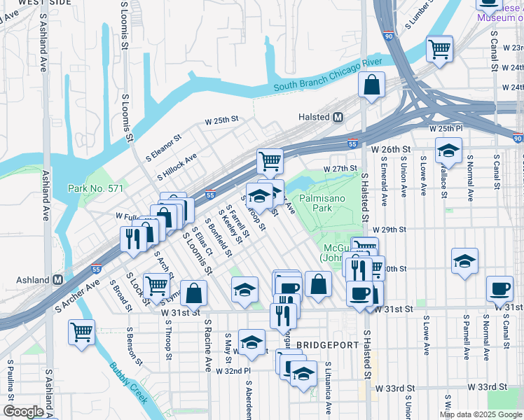 map of restaurants, bars, coffee shops, grocery stores, and more near 2833 South Throop Street in Chicago