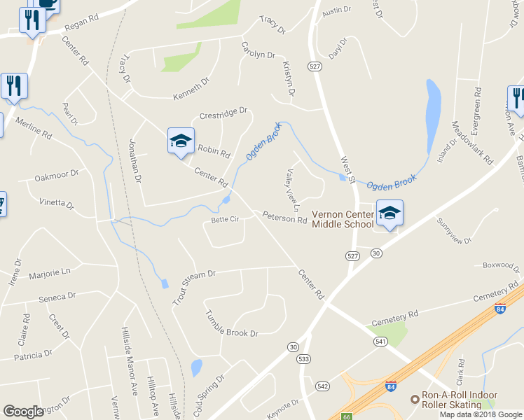 map of restaurants, bars, coffee shops, grocery stores, and more near 85 Peterson Road in Vernon