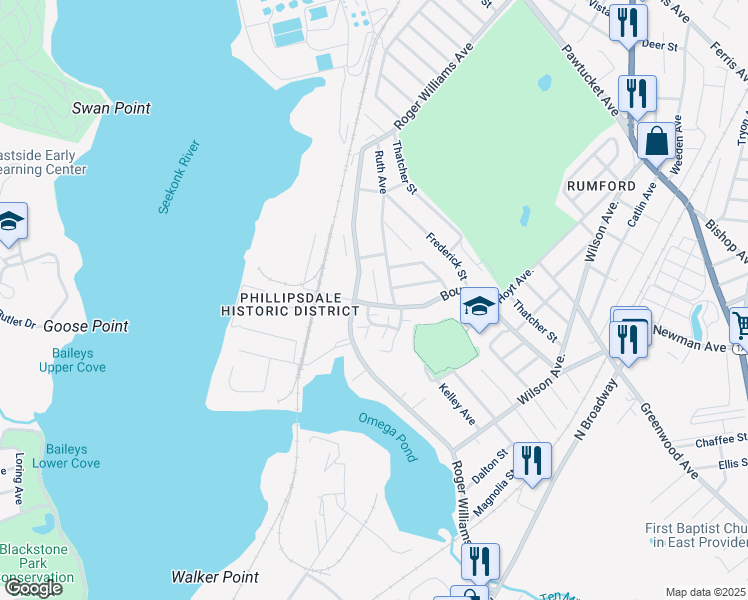 map of restaurants, bars, coffee shops, grocery stores, and more near 209 Bourne Avenue in East Providence