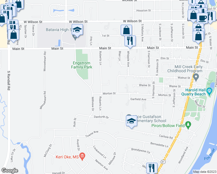 map of restaurants, bars, coffee shops, grocery stores, and more near 620 Roberts Lane in Batavia