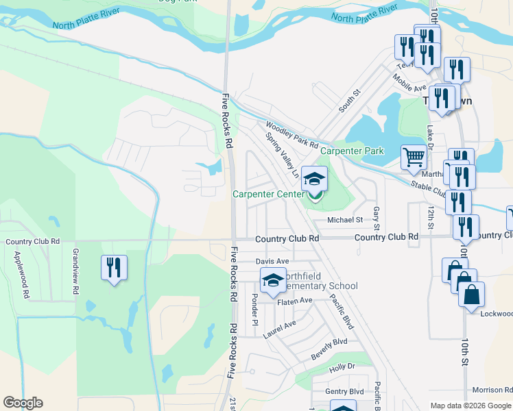 map of restaurants, bars, coffee shops, grocery stores, and more near 77 Sycamore Terrace in Gering