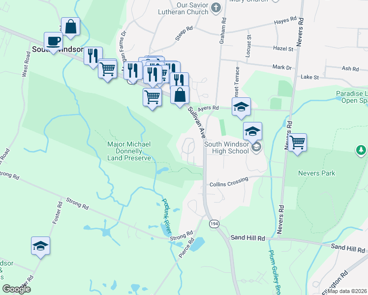 map of restaurants, bars, coffee shops, grocery stores, and more near 40 Strawberry Lane in South Windsor