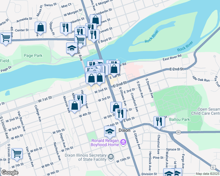 map of restaurants, bars, coffee shops, grocery stores, and more near 215 South Galena Avenue in Dixon