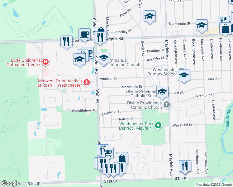 map of restaurants, bars, coffee shops, grocery stores, and more near 11100 Nelson Street in Westchester