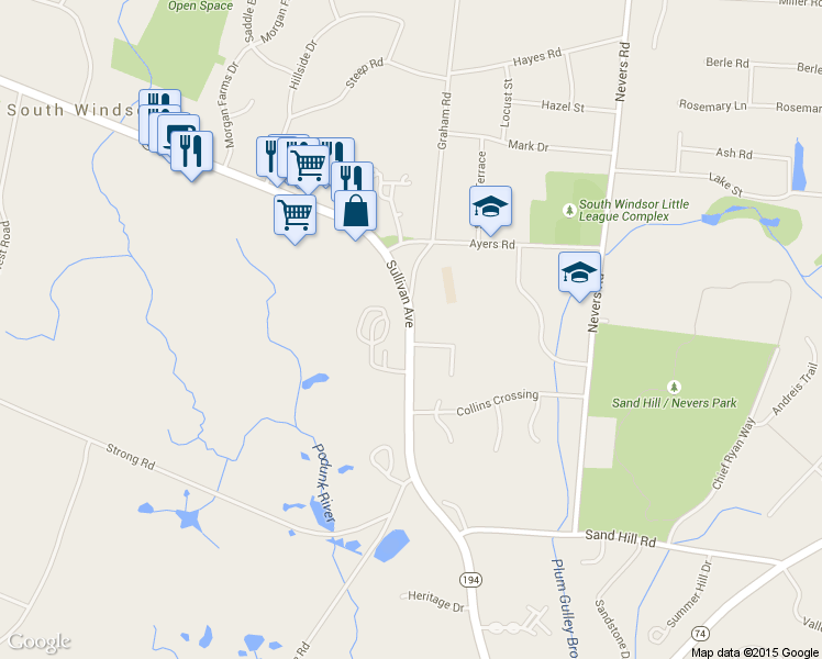 map of restaurants, bars, coffee shops, grocery stores, and more near 1156 Sullivan Avenue in South Windsor