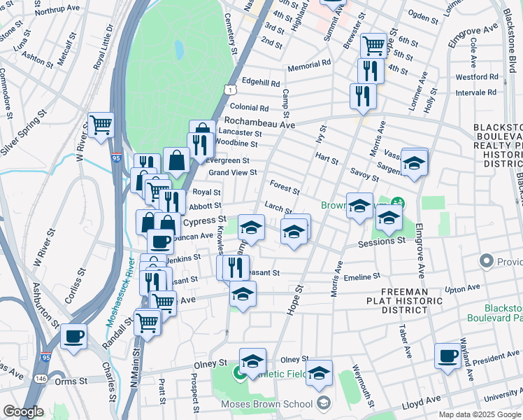 map of restaurants, bars, coffee shops, grocery stores, and more near 152 Camp Street in Providence