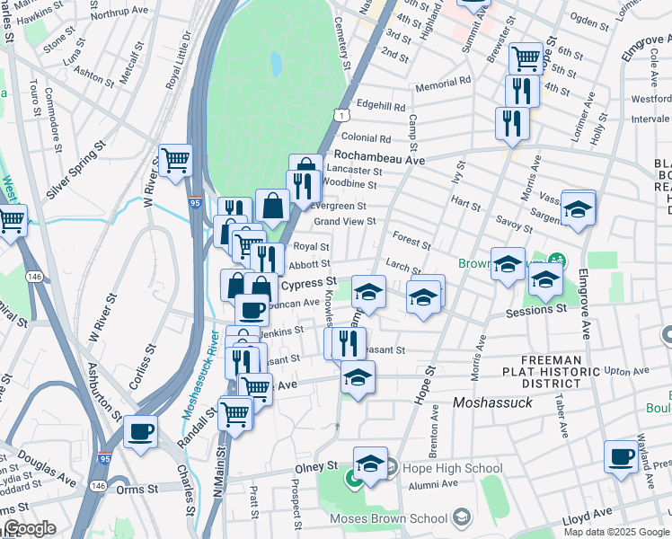 map of restaurants, bars, coffee shops, grocery stores, and more near 82 Cypress Street in Providence