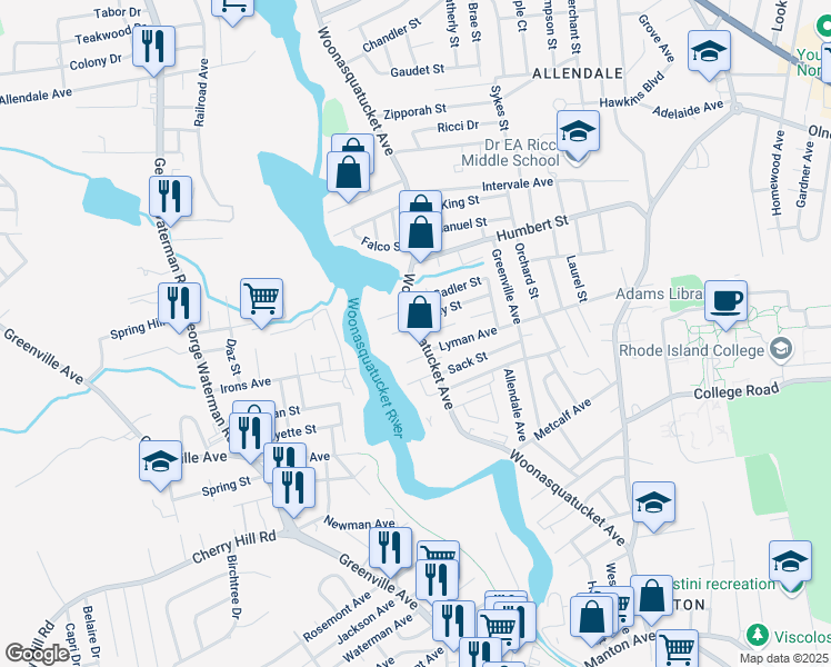 map of restaurants, bars, coffee shops, grocery stores, and more near in North Providence