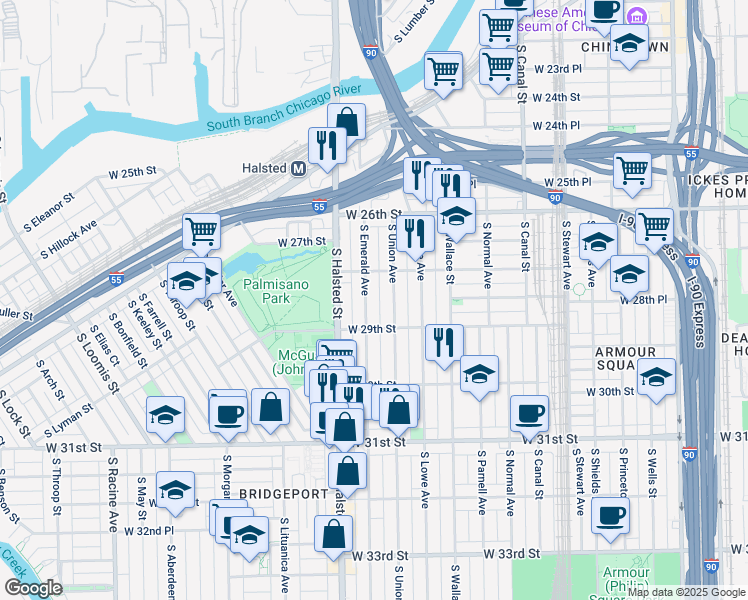 map of restaurants, bars, coffee shops, grocery stores, and more near 2835 South Emerald Avenue in Chicago