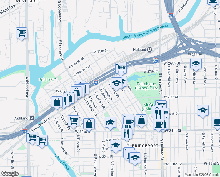 map of restaurants, bars, coffee shops, grocery stores, and more near 2831 South Farrell Street in Chicago
