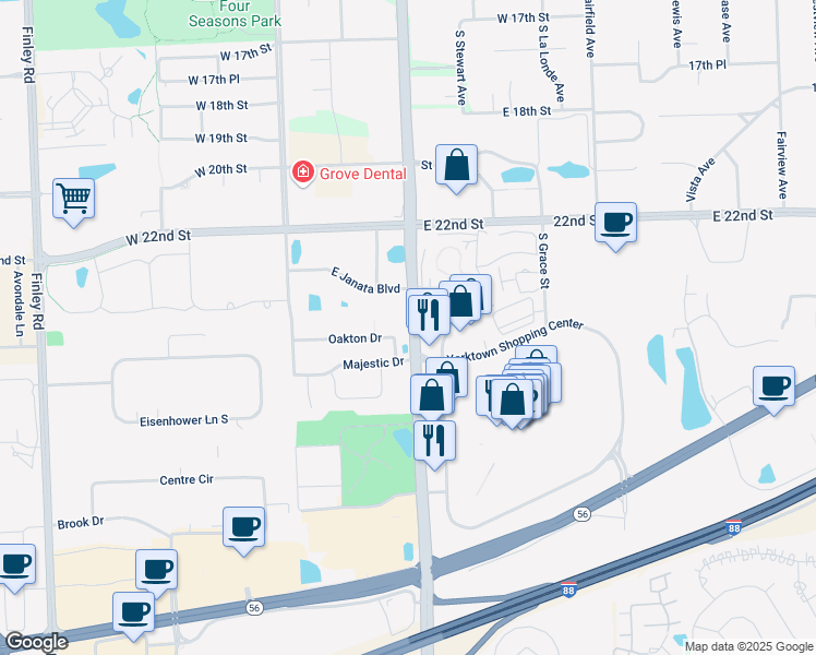map of restaurants, bars, coffee shops, grocery stores, and more near 1 Yorktown Shopping Center in Lombard