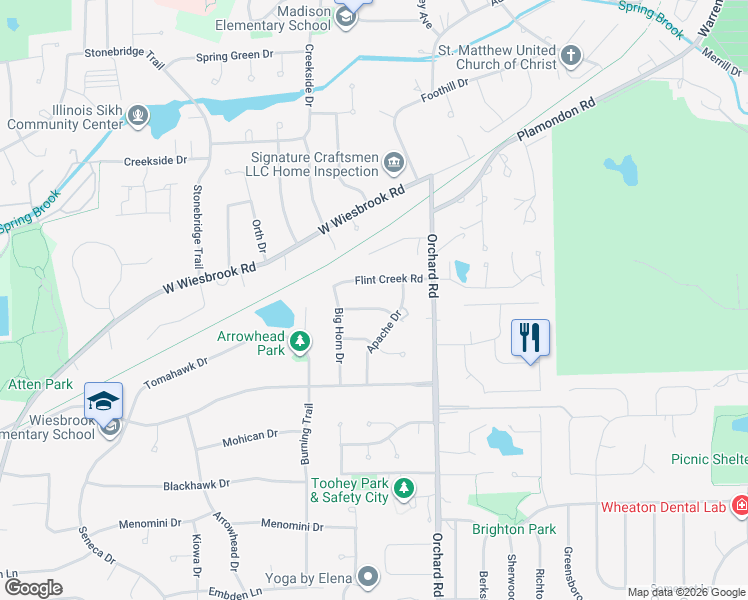 map of restaurants, bars, coffee shops, grocery stores, and more near 25W738 Chieftain Lane in Wheaton