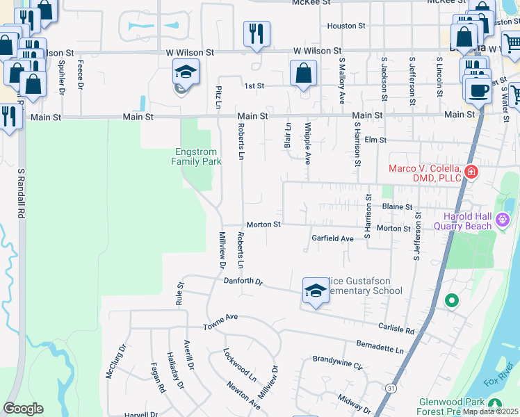 map of restaurants, bars, coffee shops, grocery stores, and more near 620 Roberts Lane in Batavia