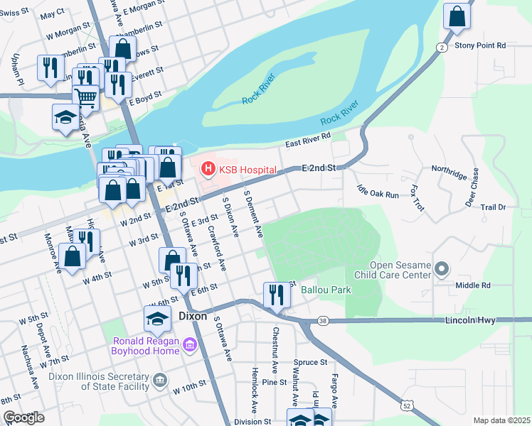 map of restaurants, bars, coffee shops, grocery stores, and more near 314 South Dement Avenue in Dixon