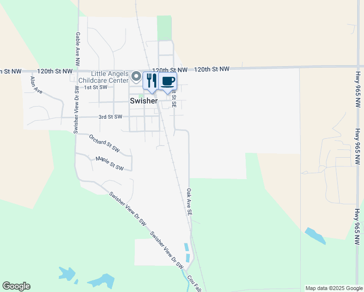 map of restaurants, bars, coffee shops, grocery stores, and more near 503 Oak Avenue Southeast in Swisher