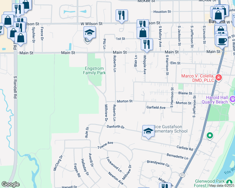 map of restaurants, bars, coffee shops, grocery stores, and more near 620 Roberts Lane in Batavia