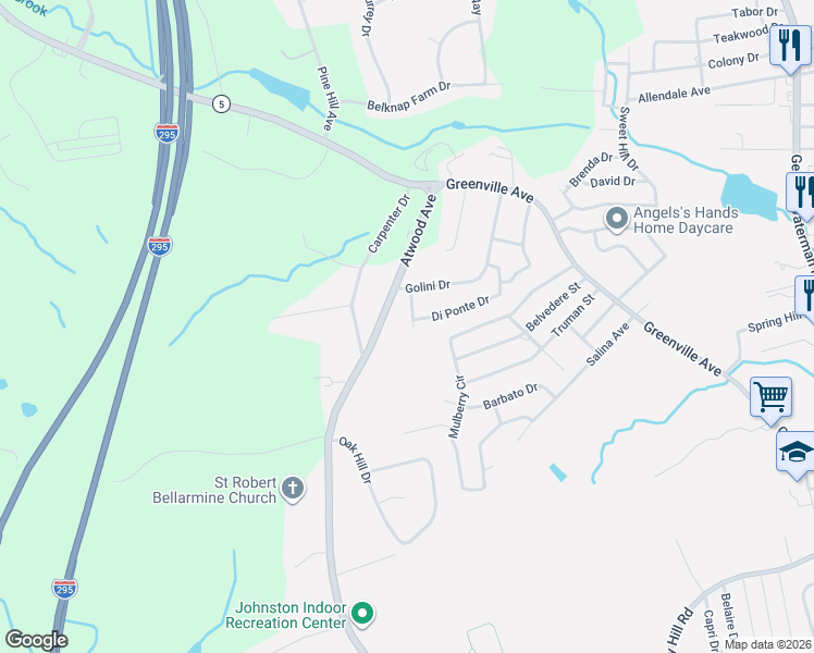 map of restaurants, bars, coffee shops, grocery stores, and more near 30 Di Ponte Drive in Johnston