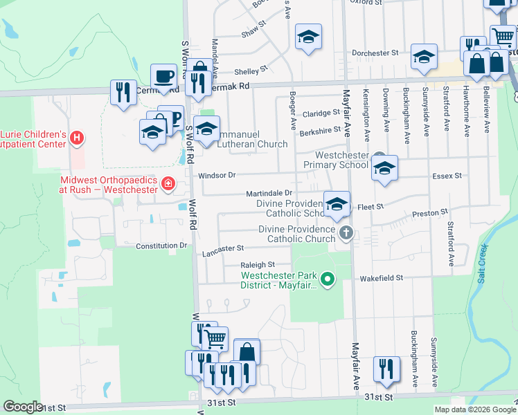 map of restaurants, bars, coffee shops, grocery stores, and more near 11020 Nelson Street in Westchester