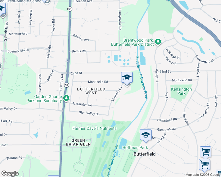 map of restaurants, bars, coffee shops, grocery stores, and more near 540 Kensington Road in Glen Ellyn