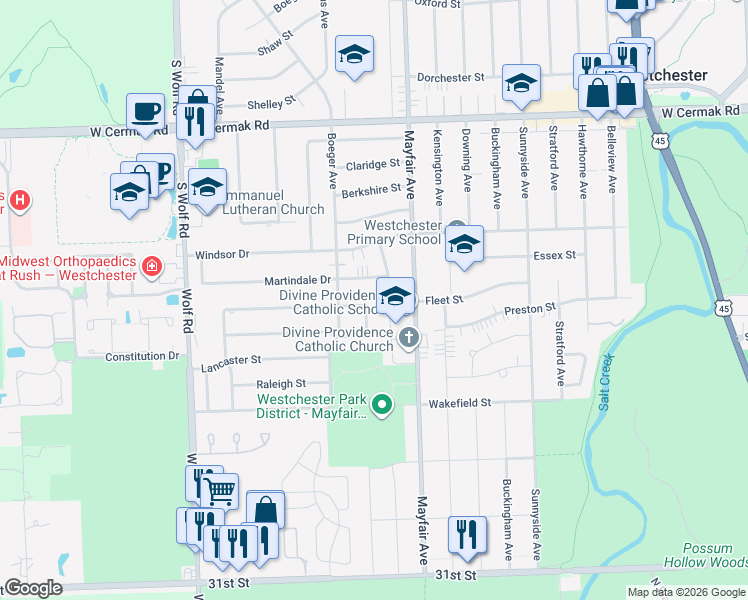 map of restaurants, bars, coffee shops, grocery stores, and more near 2445 Nelson Square in Westchester