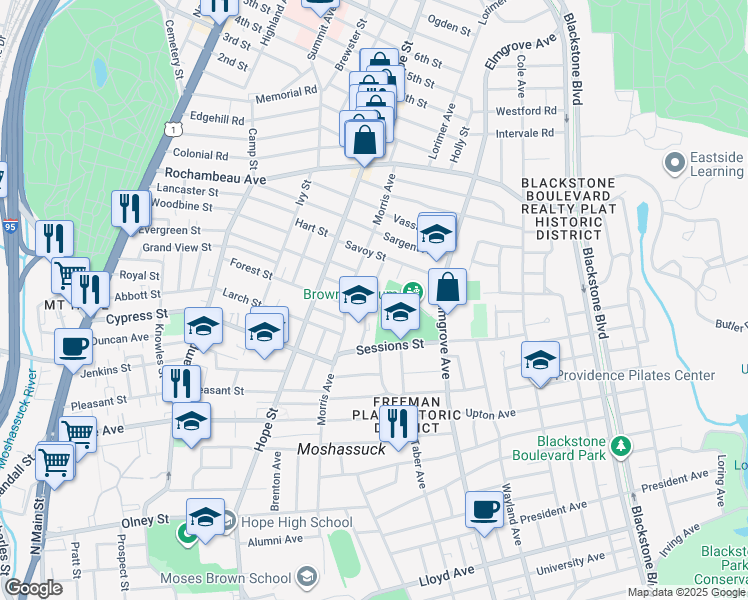map of restaurants, bars, coffee shops, grocery stores, and more near 46 Taft Avenue in Providence
