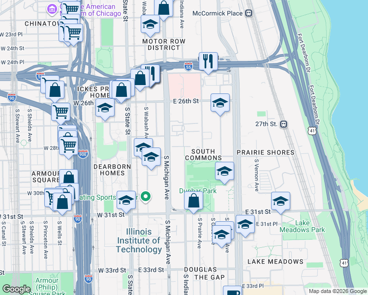 map of restaurants, bars, coffee shops, grocery stores, and more near 2766 South Indiana Avenue in Chicago