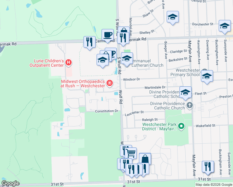 map of restaurants, bars, coffee shops, grocery stores, and more near 2500 South Wolf Road in Westchester
