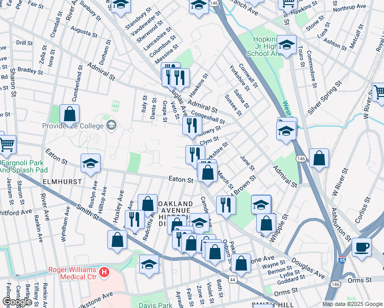 map of restaurants, bars, coffee shops, grocery stores, and more near 23 Venice Street in Providence