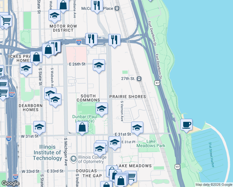 map of restaurants, bars, coffee shops, grocery stores, and more near 2851 South King Drive in Chicago