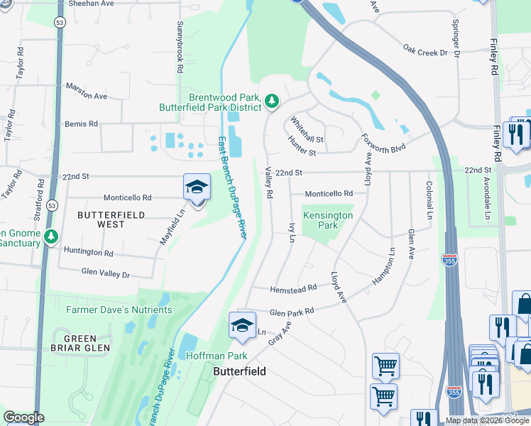map of restaurants, bars, coffee shops, grocery stores, and more near 2S124 Valley Road in Lombard