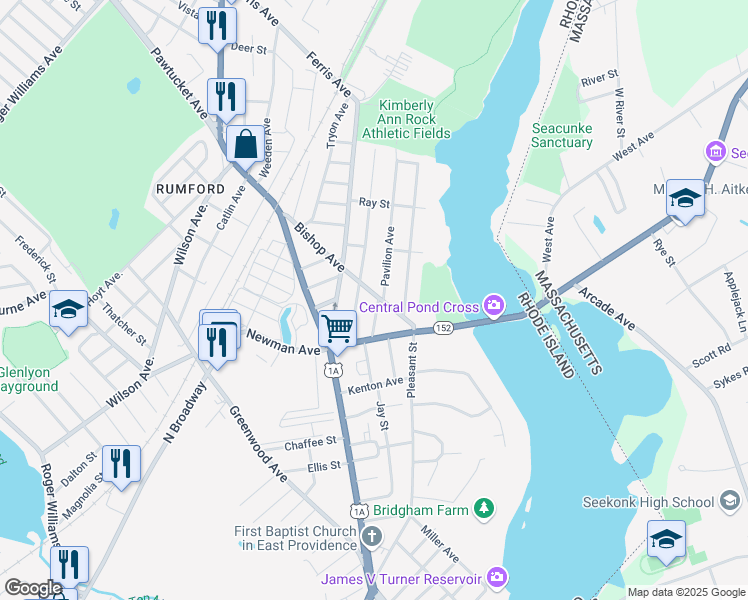 map of restaurants, bars, coffee shops, grocery stores, and more near 116 Bishop Avenue in East Providence