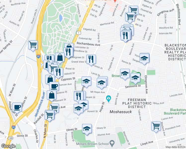 map of restaurants, bars, coffee shops, grocery stores, and more near 19 Larch Street in Providence