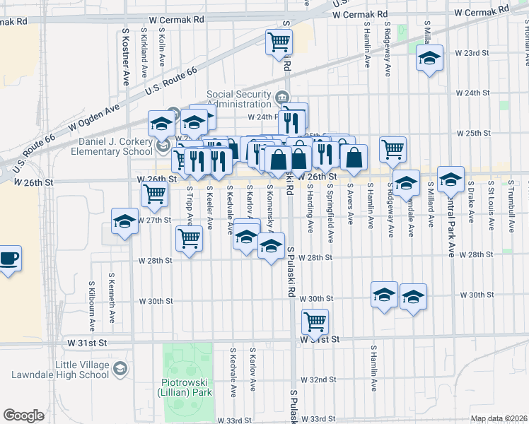 map of restaurants, bars, coffee shops, grocery stores, and more near 2658 South Komensky Avenue in Chicago