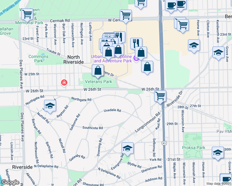 map of restaurants, bars, coffee shops, grocery stores, and more near 526 Selborne Road in Riverside