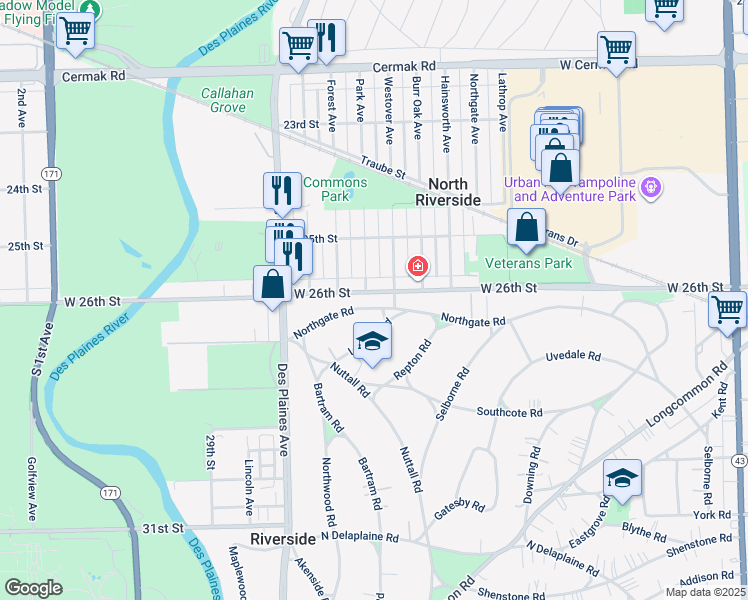 map of restaurants, bars, coffee shops, grocery stores, and more near 90 Northgate Road in Riverside