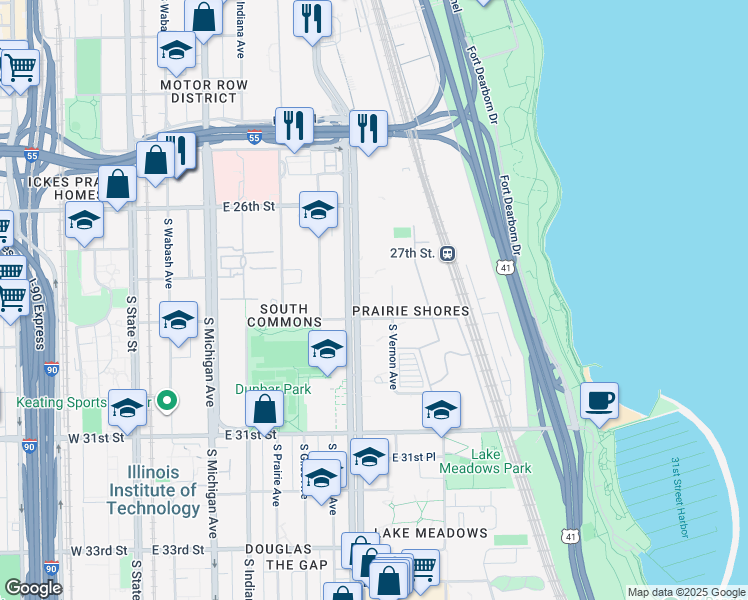 map of restaurants, bars, coffee shops, grocery stores, and more near 2851 South King Drive in Chicago