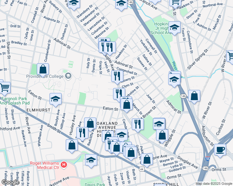 map of restaurants, bars, coffee shops, grocery stores, and more near 23 Venice Street in Providence