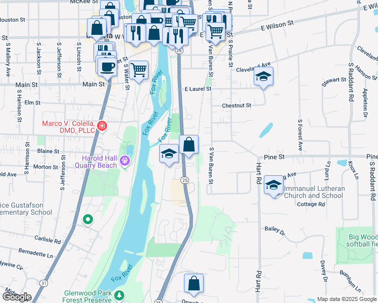 map of restaurants, bars, coffee shops, grocery stores, and more near 540 South River Street in Batavia