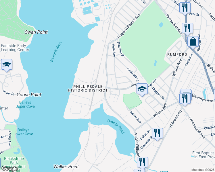 map of restaurants, bars, coffee shops, grocery stores, and more near 209 Bourne Avenue in East Providence