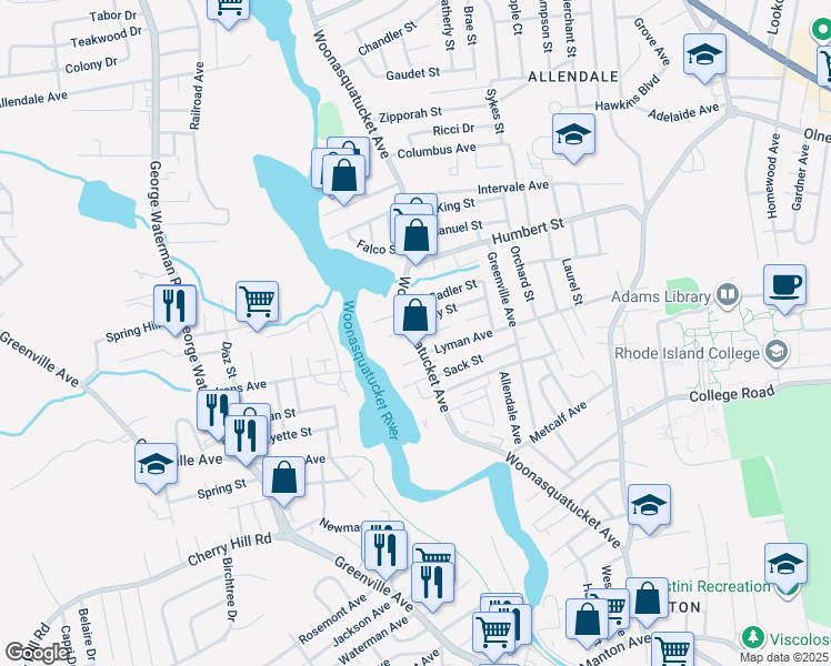 map of restaurants, bars, coffee shops, grocery stores, and more near in North Providence