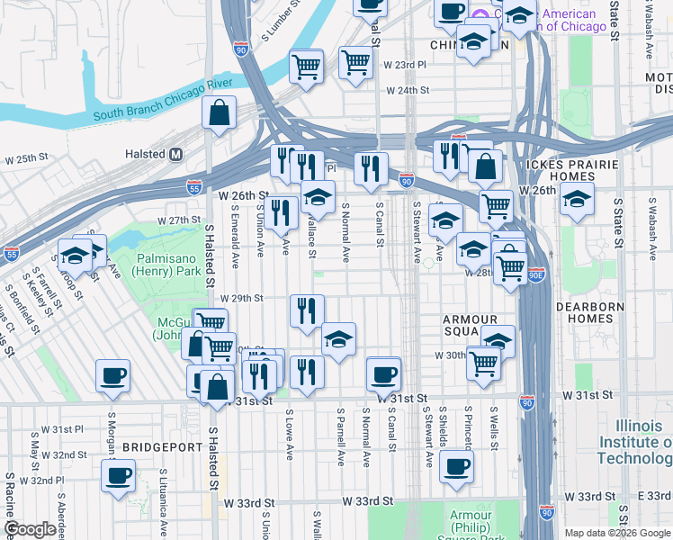 map of restaurants, bars, coffee shops, grocery stores, and more near 515 West 28th Place in Chicago