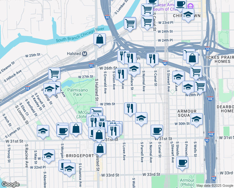 map of restaurants, bars, coffee shops, grocery stores, and more near 2835 South Union Avenue in Chicago
