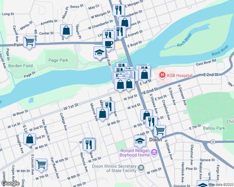 map of restaurants, bars, coffee shops, grocery stores, and more near 113 South Peoria Avenue in Dixon