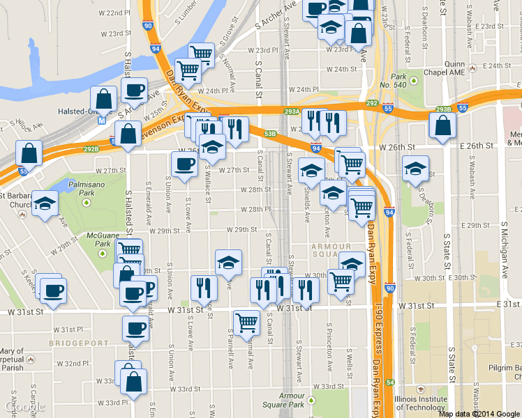 map of restaurants, bars, coffee shops, grocery stores, and more near South Canal Street & West 28th Place in Chicago